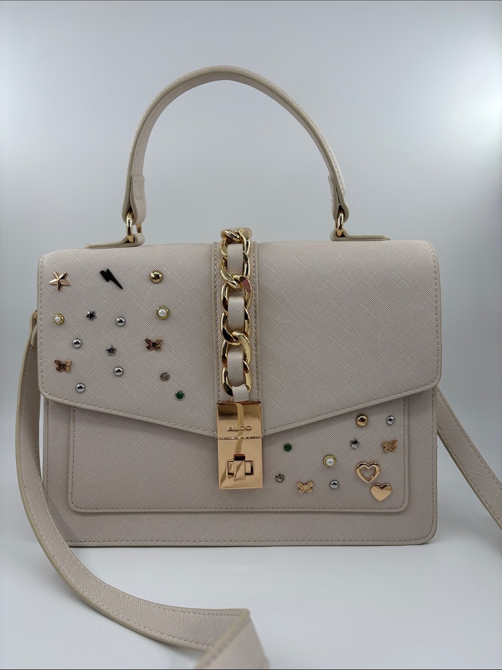 Aldo Cream Embellished Top-Handle Satchel with Gold Chain